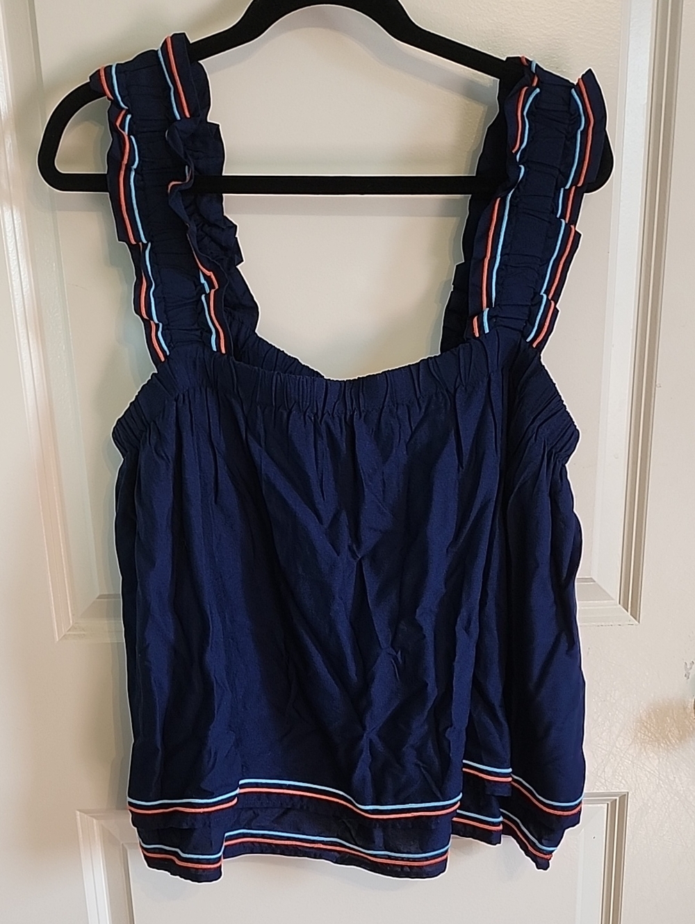 crown & ivy Navy Ruffle Strap Tank with Red and White Trim